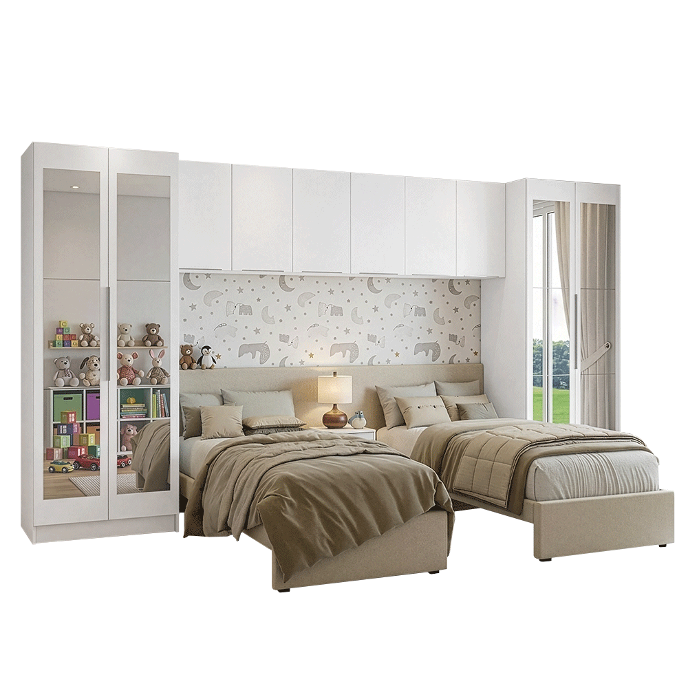 Dormitorio Infantil con 2 Placards con Espejos Neo 3 Alacenas 1 Mesa de Luz Blanco Madesa