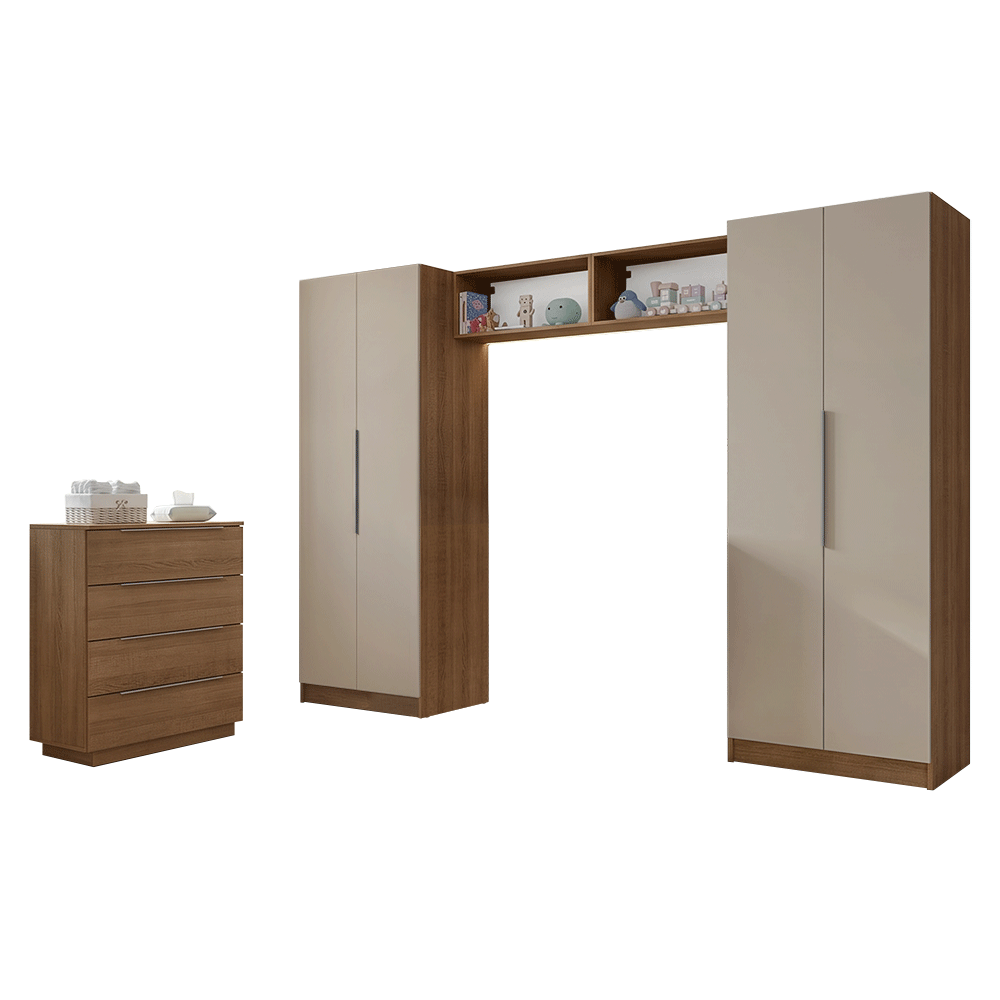Dormitorio Infantil con 2 Placares Neo 2 Alacenas 1 Cómoda Marrón/Crema Madesa 03
