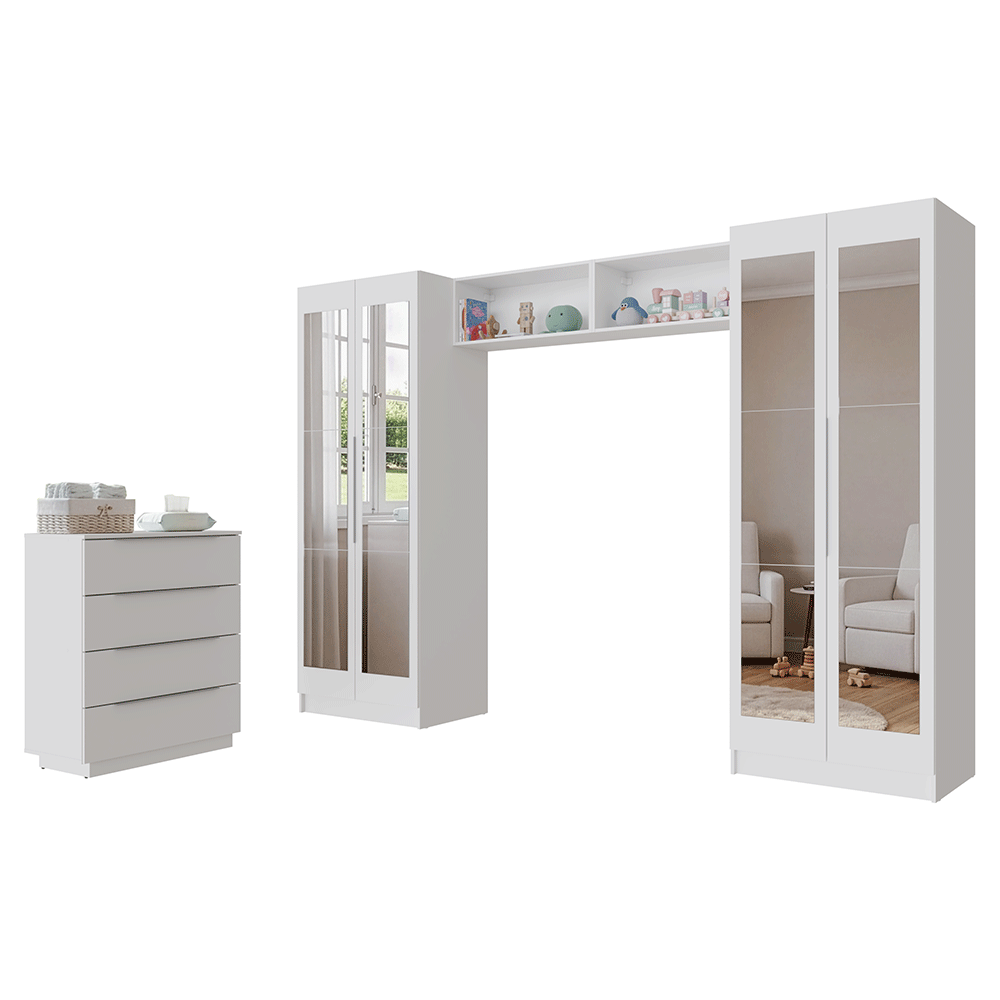 Dormitorio Infantil con 2 Placards Neo con Espejos 2 Alacenas 1 Cómoda Blanco Madesa 04