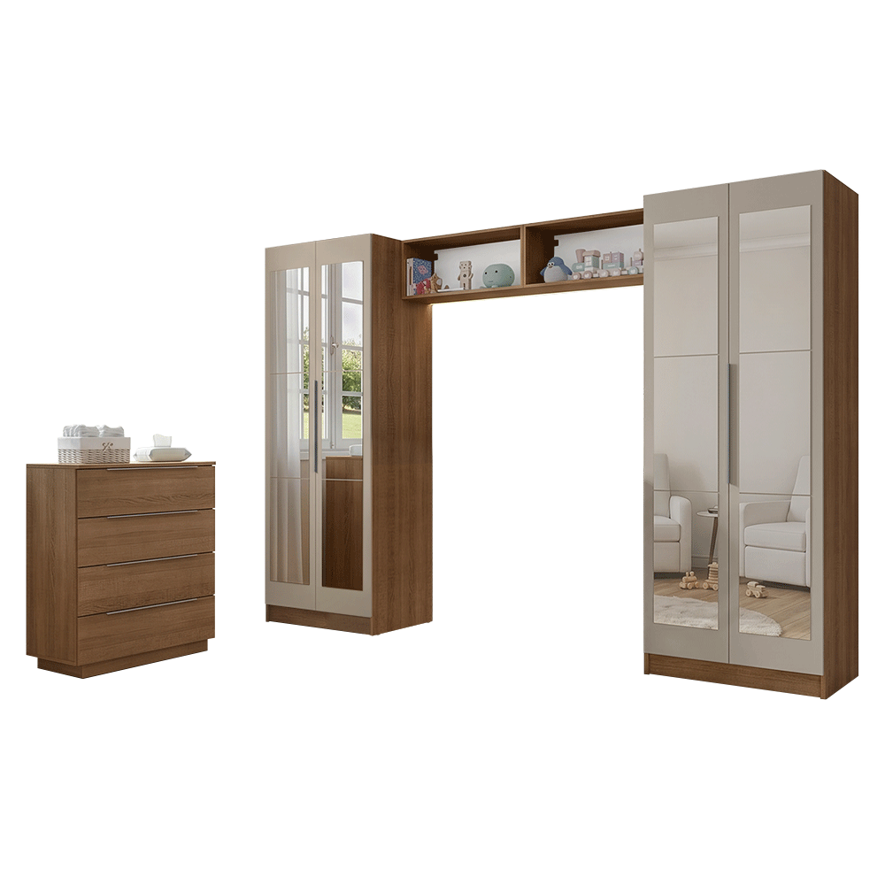 Dormitorio Infantil con 2 Placares Neo con Espejos 2 Alacenas 1 Cómoda Marrón/Crema Madesa 04