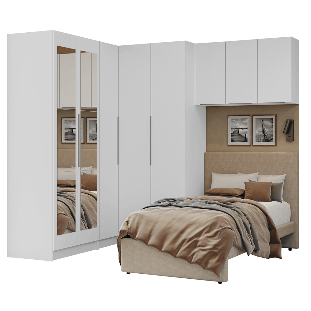Dormitorio Completo de Esquinero Individual 415 cm Placard con Espejos Blanco Neo Madesa 02
