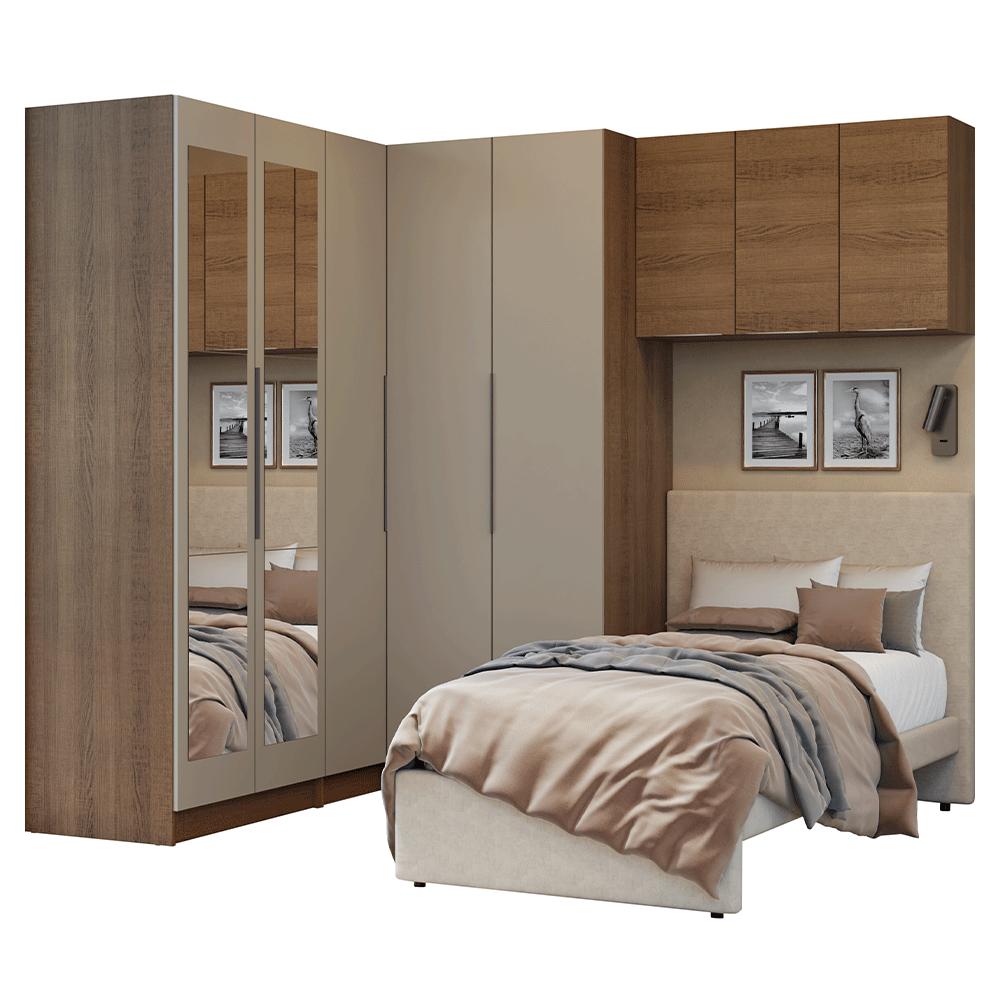 Dormitorio Completo Individual Esquinero 415 cm Placard con Espejos Marrón/Crema Neo Madesa 02