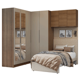 Dormitorio Completo Individual Esquinero 415 cm Placard con Espejos Marrón/Crema Neo Madesa 02