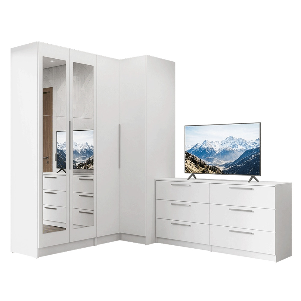 Conjunto de Dormitorio Madesa Neo con 2 Placard con Espejos y 1 Cómoda para TV Blanco