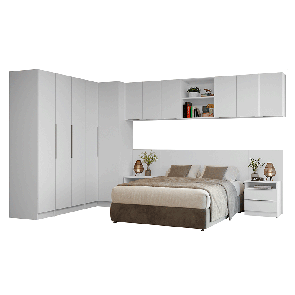 Dormitorio Completo Matrimonial de Esquina 580 cm Mesa de Luz Neo Blanco