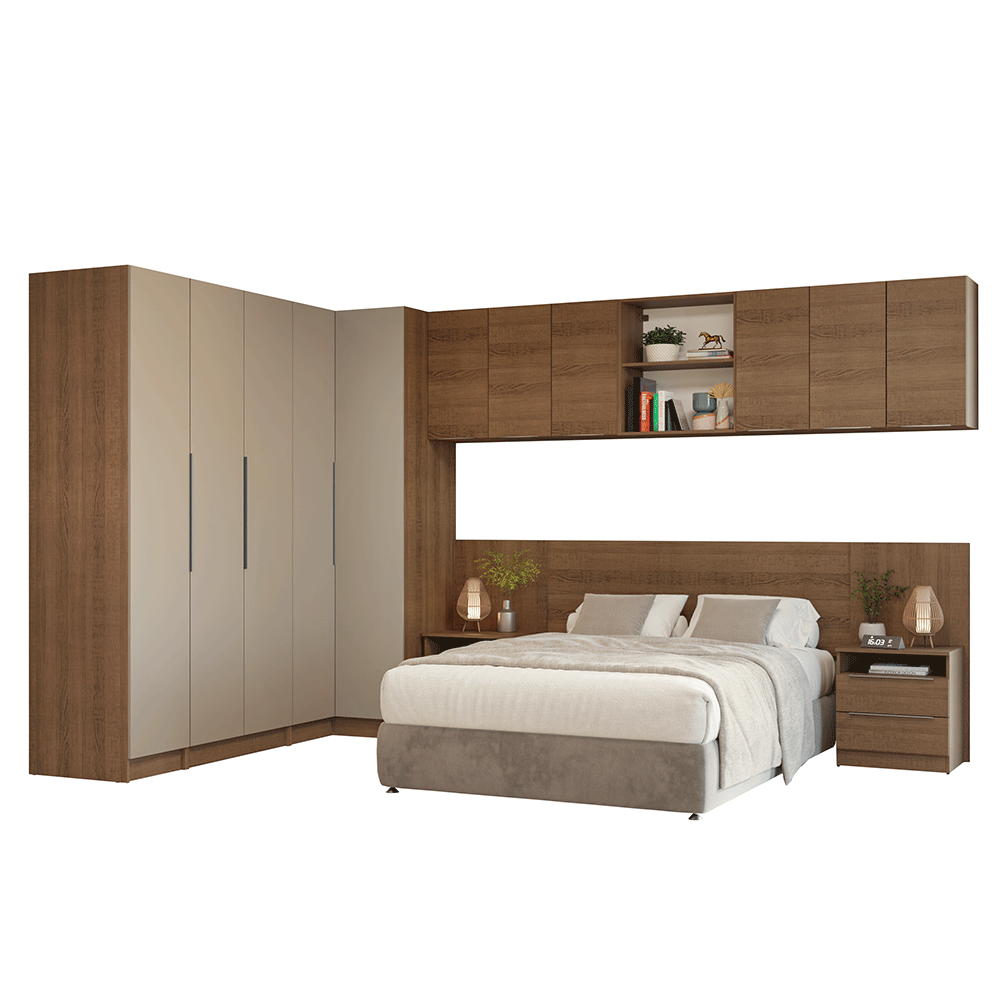 Dormitorio Completo Matrimonial Esquinero 580 cm con Respaldo de Cama Marrón/Crema Neo Madesa