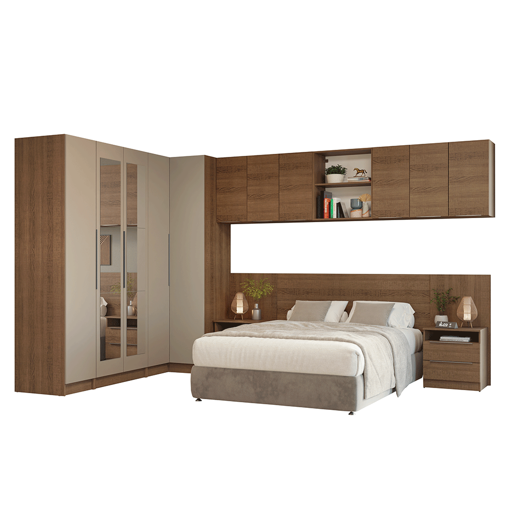 Dormitorio Completo Matrimonial 580 cm Placard Esquinero con Espejos Marrón/Crema Neo Madesa 02