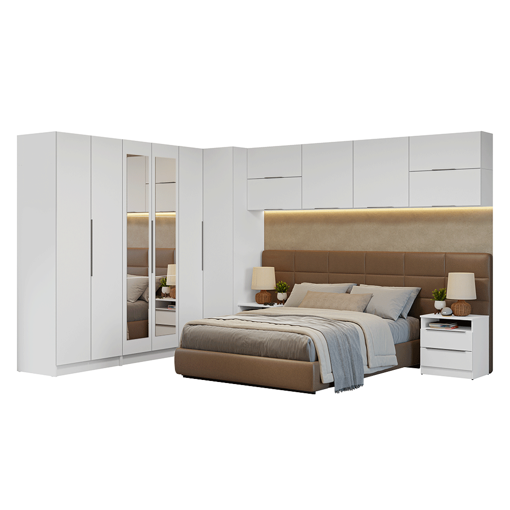 Dormitorio Completo de Esquinero Matrimonial 610 cm con Mesa de Luz Blanco Neo Madesa