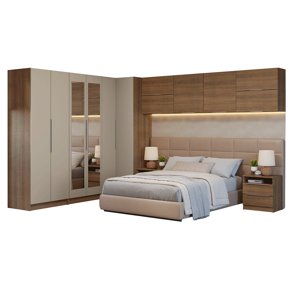 Dormitorio Completo Matrimonial Esquinero 610 cm con Respaldo de Cama Marrón/Crema Neo Madesa