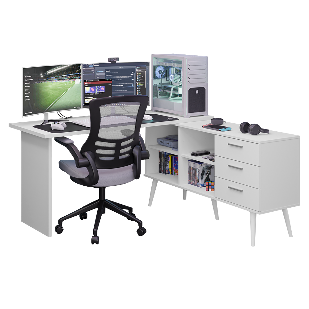 Mesa Gamer em L 3 Cajones Blanco Lisboa Madesa