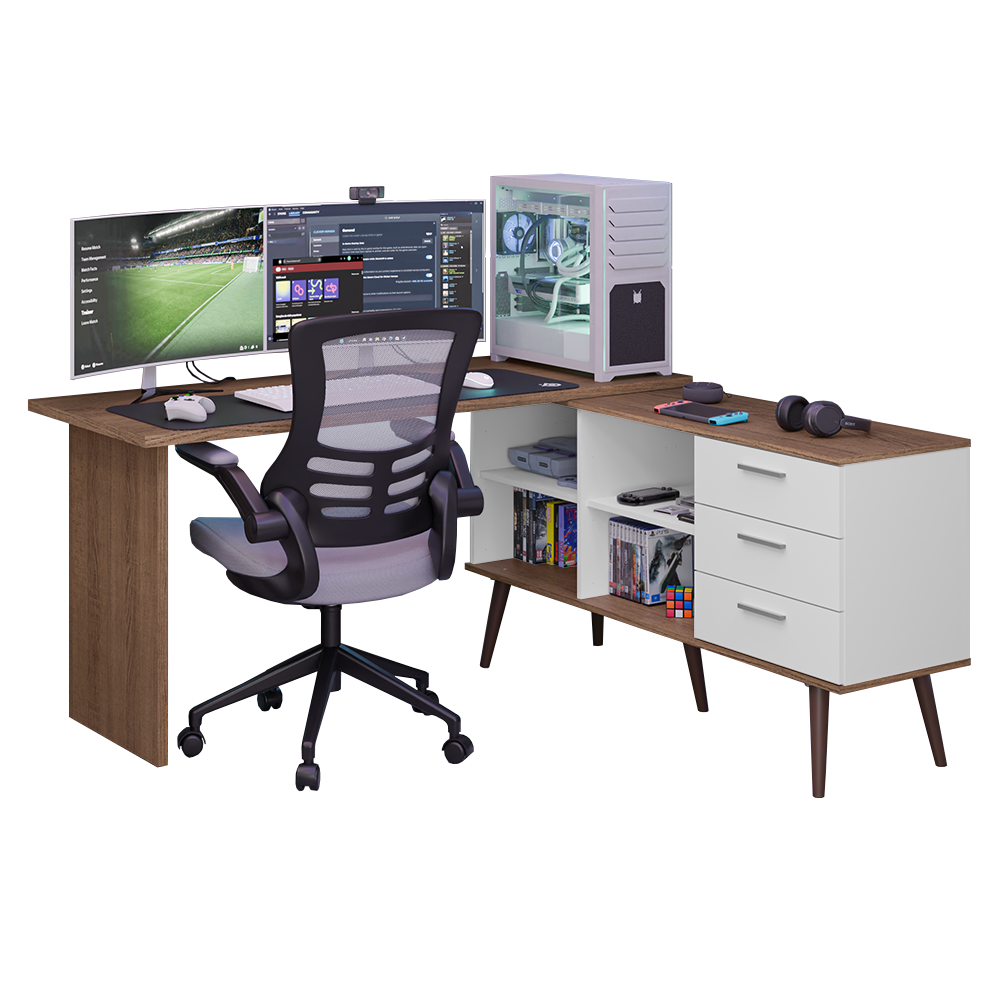 Mesa Gamer em L 3 Cajones Blanco/Marrón Lisboa Madesa