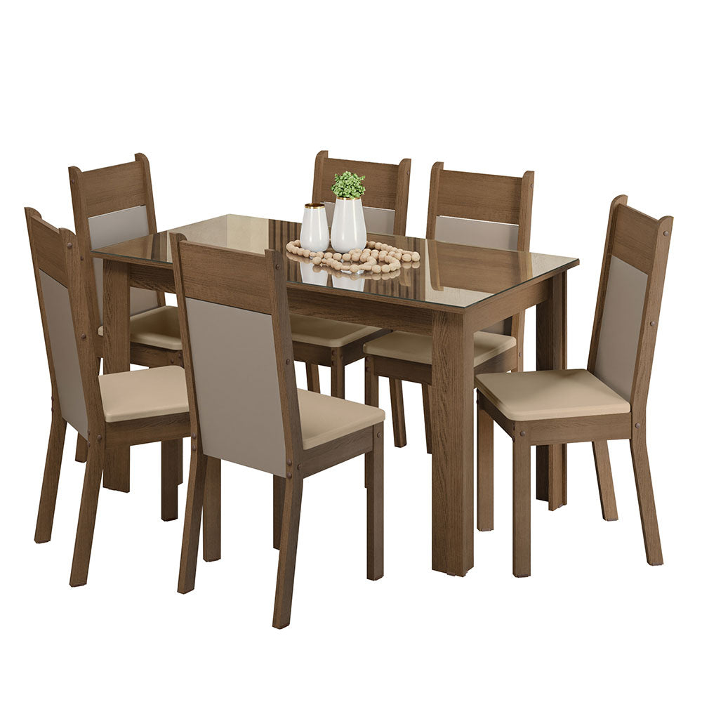 Conjunto Comedor Mesa Mesada de Vidro 6 Sillas Marrón/Crema/Bege Dora Madesa