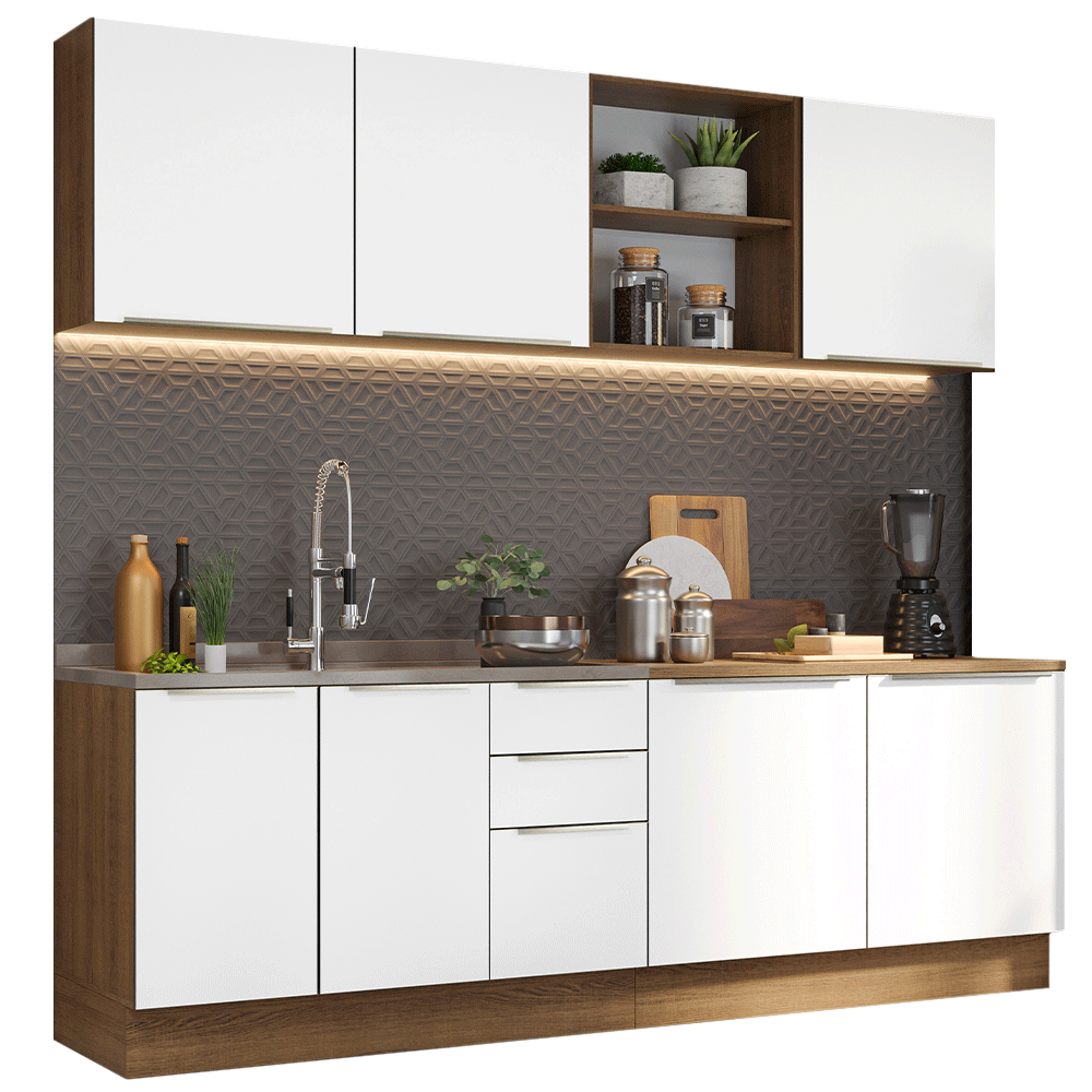 Combo Completo de Cocina 240 x 60 cm Marrón/Blanco Aterciopelado Lux Madesa 05