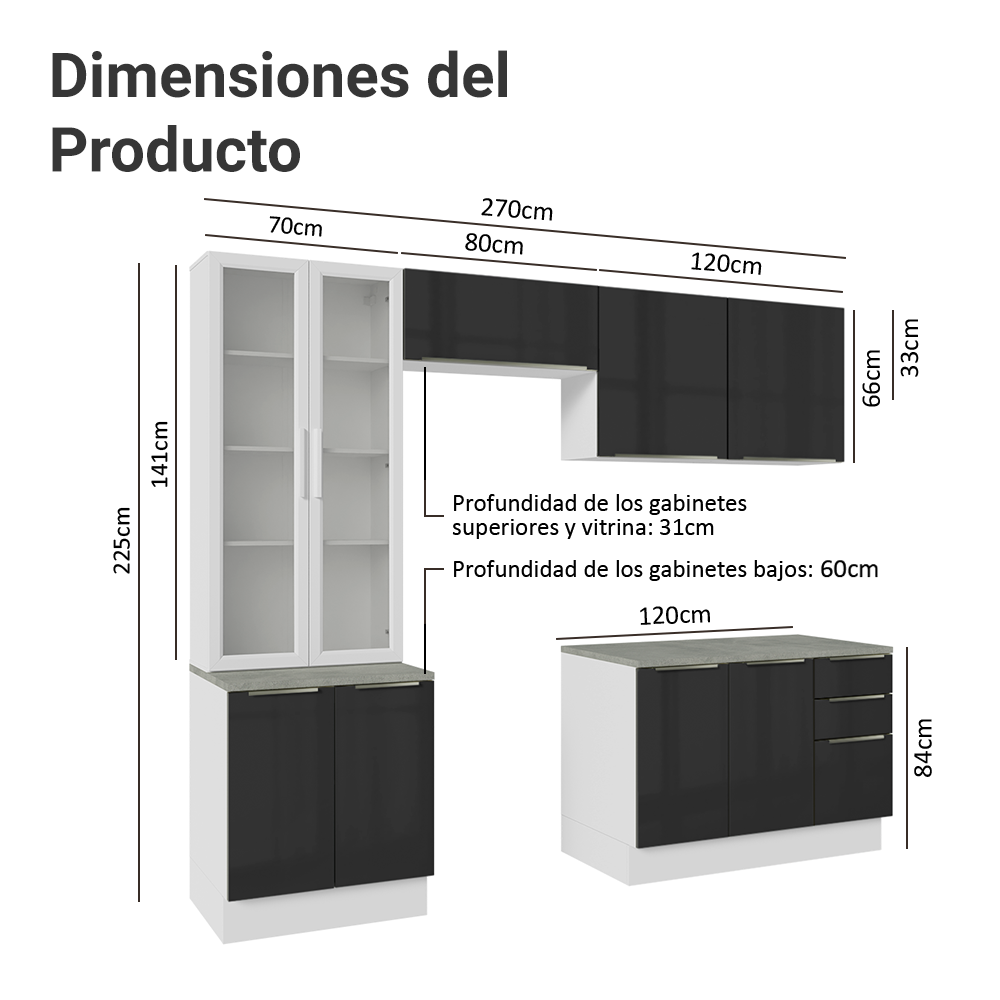 Combo completo de Cocina 270 cm con Cristalero 9 Puertas 3 Cajones Blanco/Negro Lux Madesa