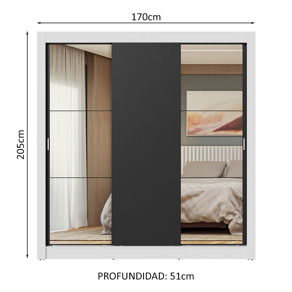 Placard Matrimonial 3 Puertas Corredizas con Espejos Blanco/Negro Nobre