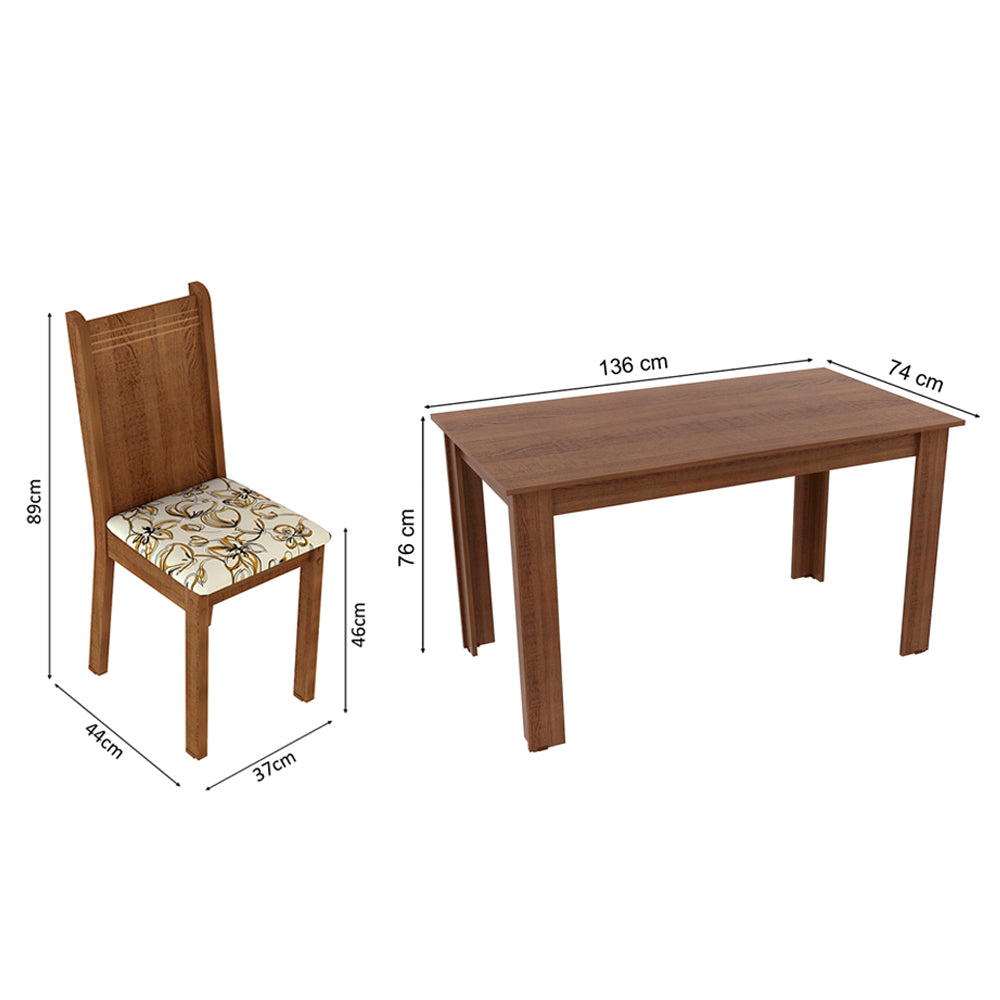 Juego de Comedor Rosie Madesa Mesa Tapa de Madera con 4 Sillas Marrón/Floral Lírio Beige