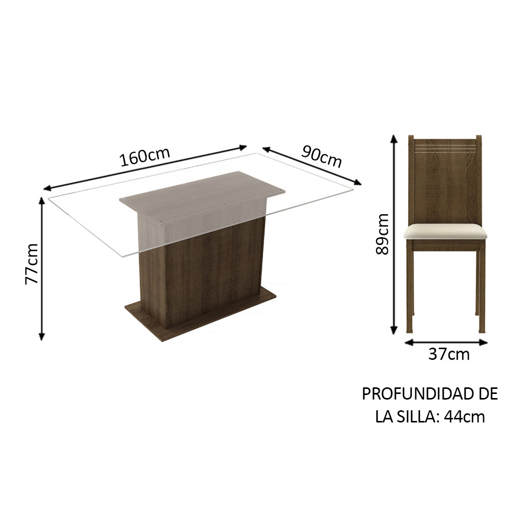 Juego de Comedor Madesa Gales Mesa Tapa de Vidrio con 6 Sillas Marrón/Sintético Beige