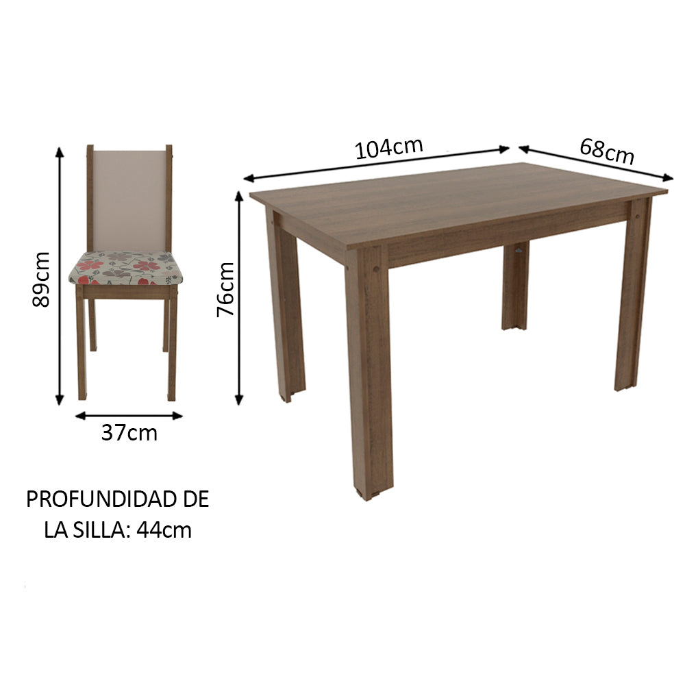 Juego de Comedor Madesa Cíntia Mesa Tapa de Madera con 4 Sillas Marrón/Crema/Hibiscos