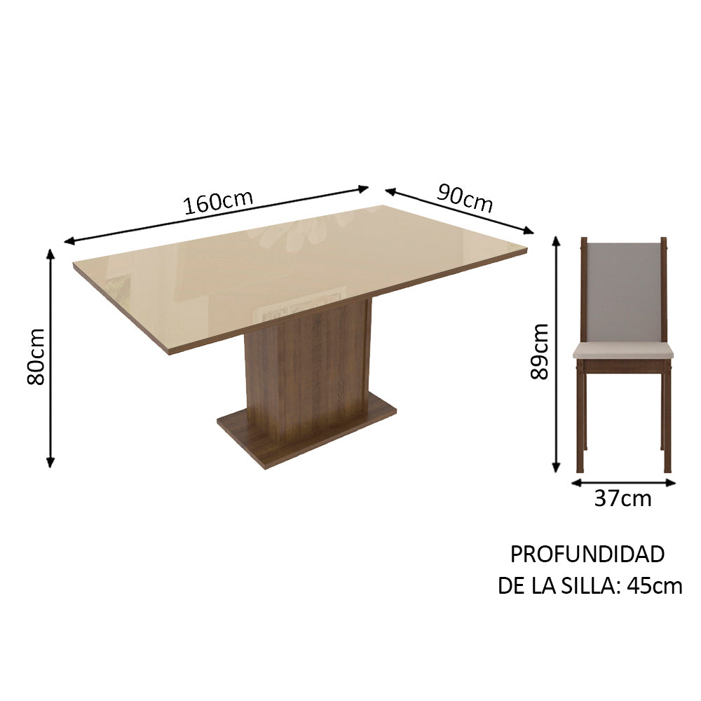 Juego de Comedor Moscú Plus Mesa Rectangular Tapa de Vidrio con 6 Sillas Marrón/Crema/Sintético Beige Madesa