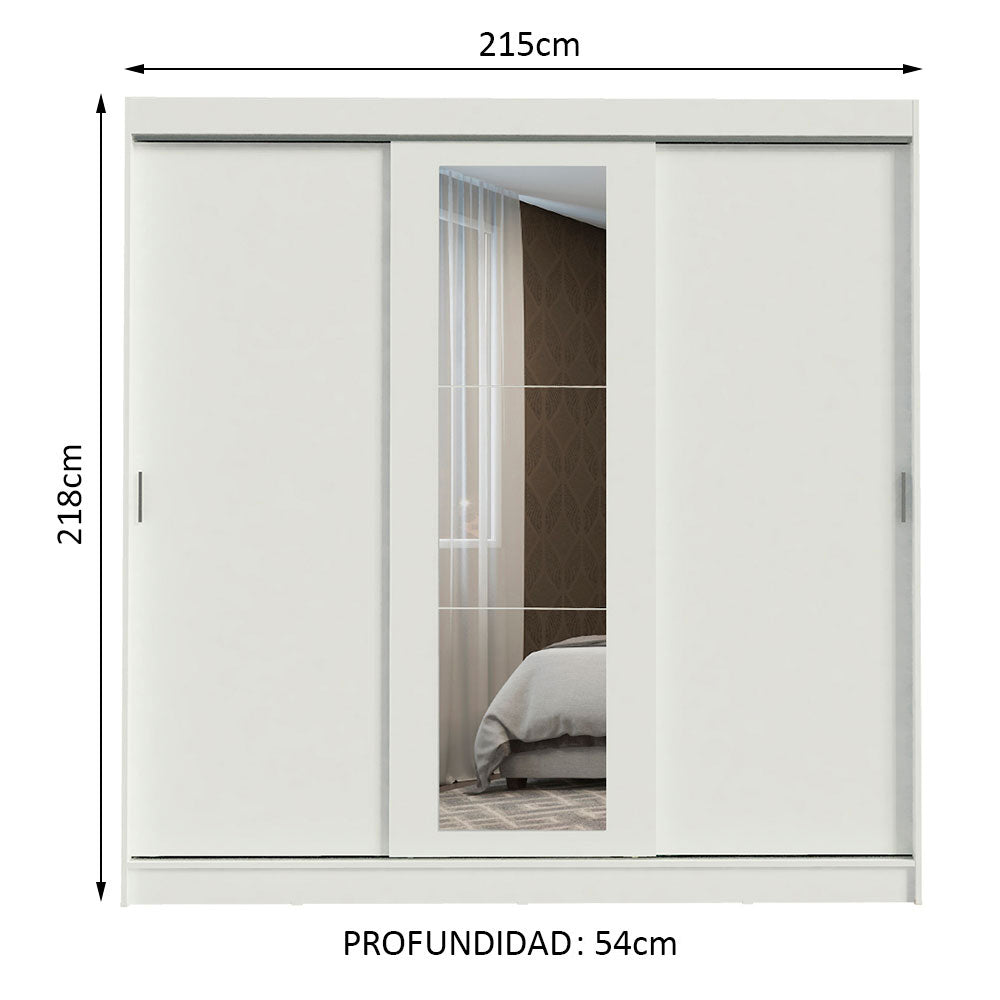 Placard Ropero Casal Madesa Kansas 3 Puertas Corredizas con Espejo 3 Cajones Blanco