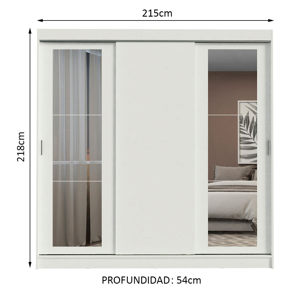 Placard Ropero Casal Madesa Kansas 3 Puertas Corredizas con Espejos 3 Cajones Blanco