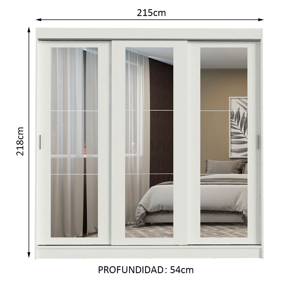 Placard Ropero Casal Madesa Kansas 3 Puertas Corredizas de Espejo 3 Cajones Blanco