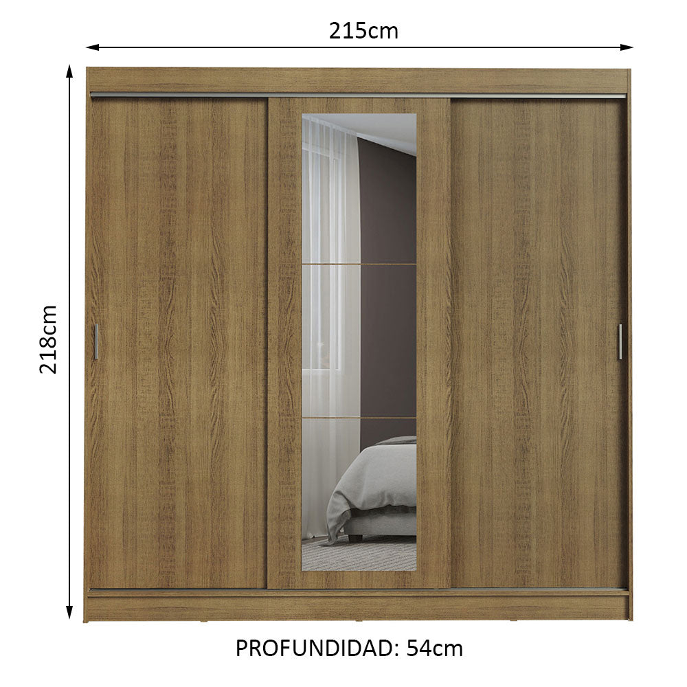 Placard Ropero Casal Madesa Kansas 3 Puertas Corredizas con Espejo 3 Cajones Marrón