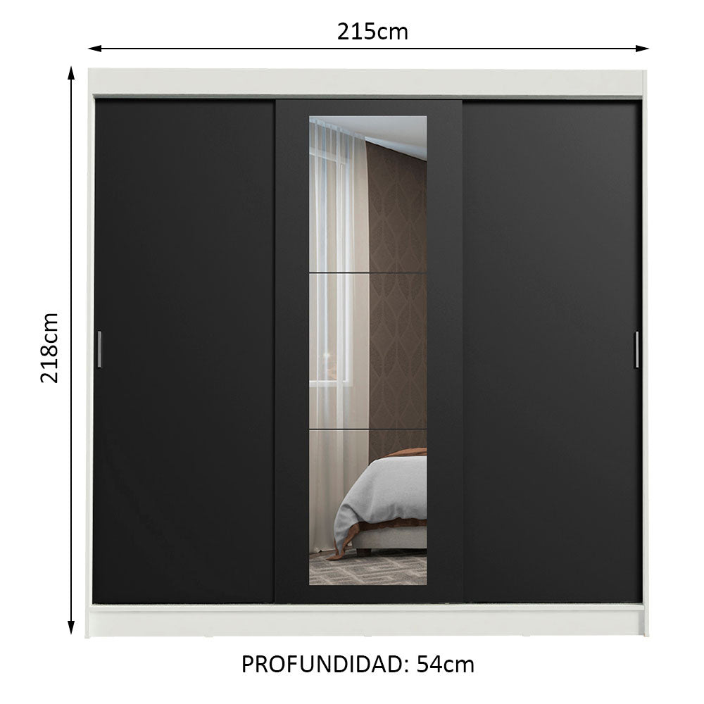 Placard Ropero Casal Madesa Kansas 3 Puertas Corredizas con Espejo 3 Cajones Blanco/Negro