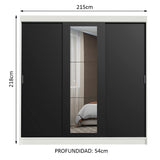 Placard Ropero Casal Madesa Kansas 3 Puertas Corredizas con Espejo 3 Cajones Blanco/Negro