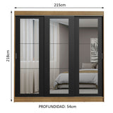 Placard Ropero Casal Madesa Kansas 3 Puertas Corredizas de Espejo 3 Cajones Marrón/Negro