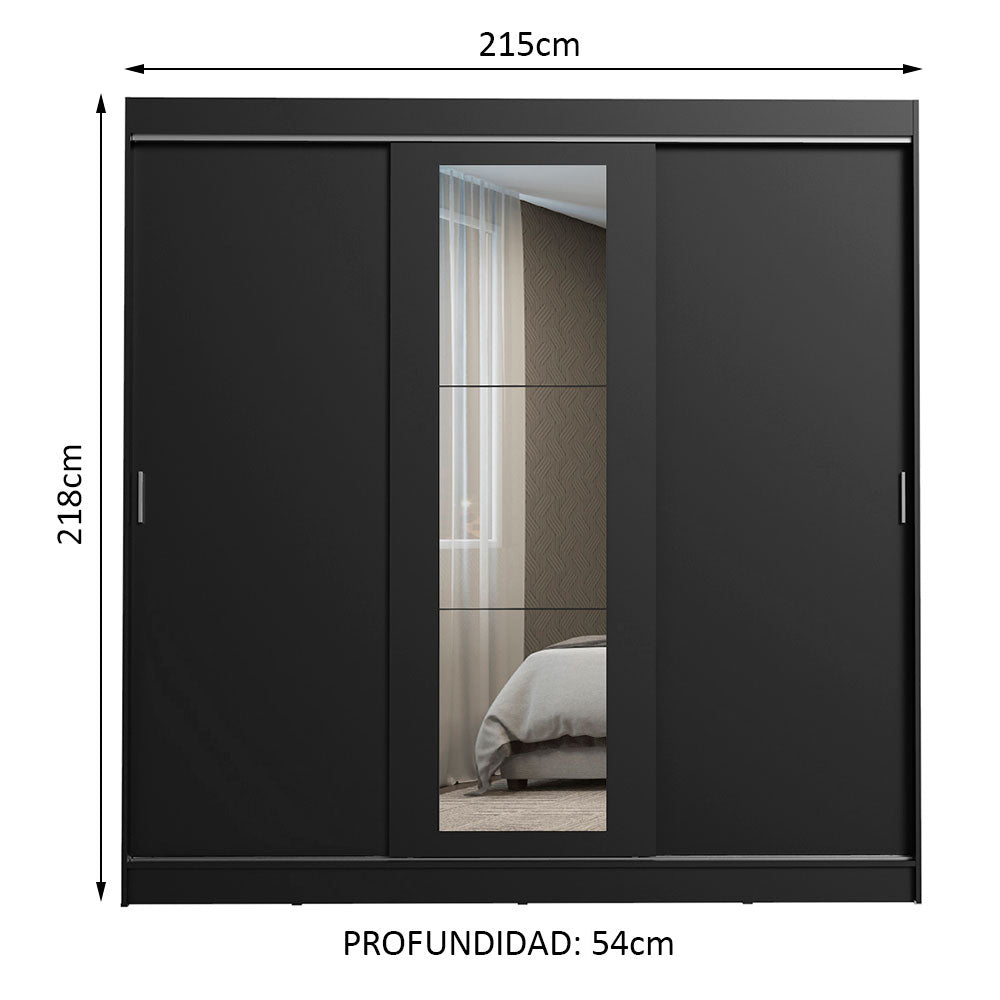 Placard Ropero Casal Madesa Kansas 3 Puertas Corredizas con Espejo 3 Cajones Negro