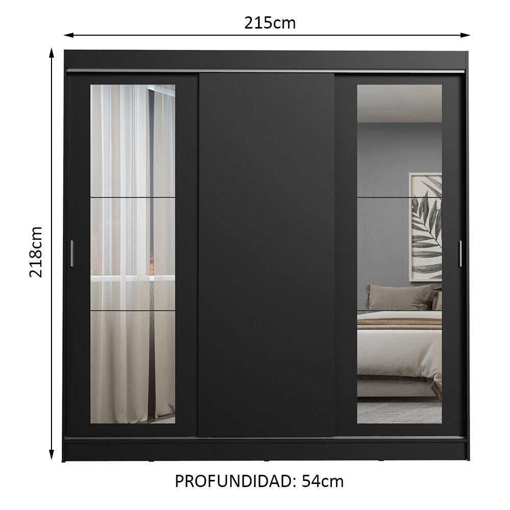 Placard Ropero Casal Madesa Kansas 3 Puertas Corredizas con Espejos 3 Cajones Negro