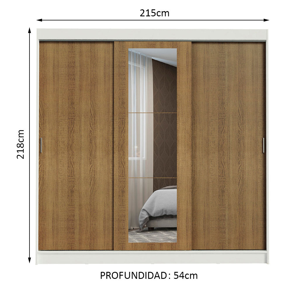 Placard Ropero Casal Madesa Kansas 3 Puertas Corredizas con Espejo 3 Cajones Blanco/Marrón