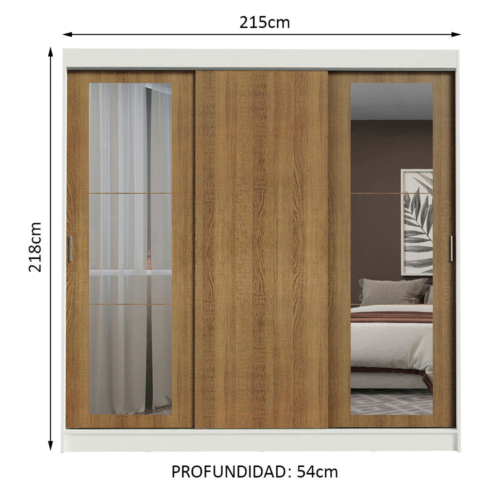 Placard Ropero Casal Madesa Kansas 3 Puertas Corredizas con Espejos 3 Cajones Blanco/Marrón