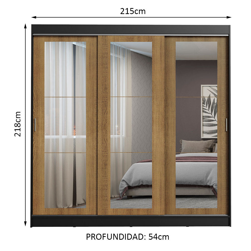 Placard Ropero Casal Madesa Kansas 3 Puertas Corredizas de Espejo 3 Cajones Negro/Marrón