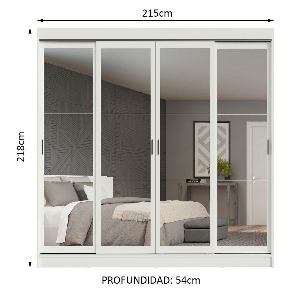 Placard Ropero Casal Madesa Austin 4 Puertas Corredizas de Espejo 3 Cajones Blanco