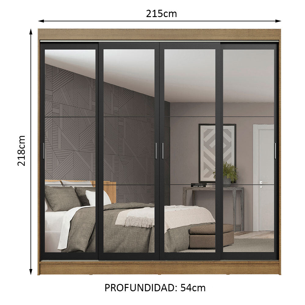 Placard Ropero Casal Madesa Austin 4 Puertas Corredizas de Espejo 3 Cajones Marrón/Negro