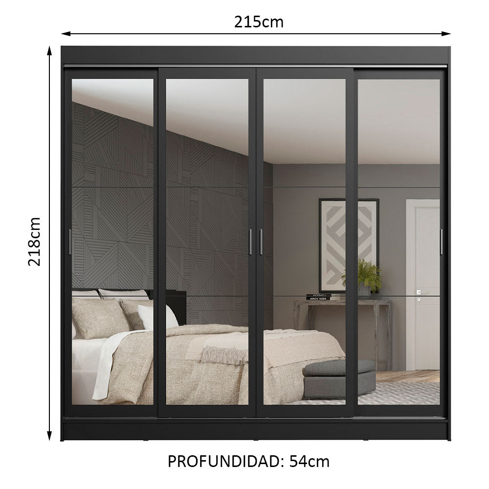 Placard Ropero Casal Madesa Austin 4 Puertas Corredizas de Espejo 3 Cajones Negro