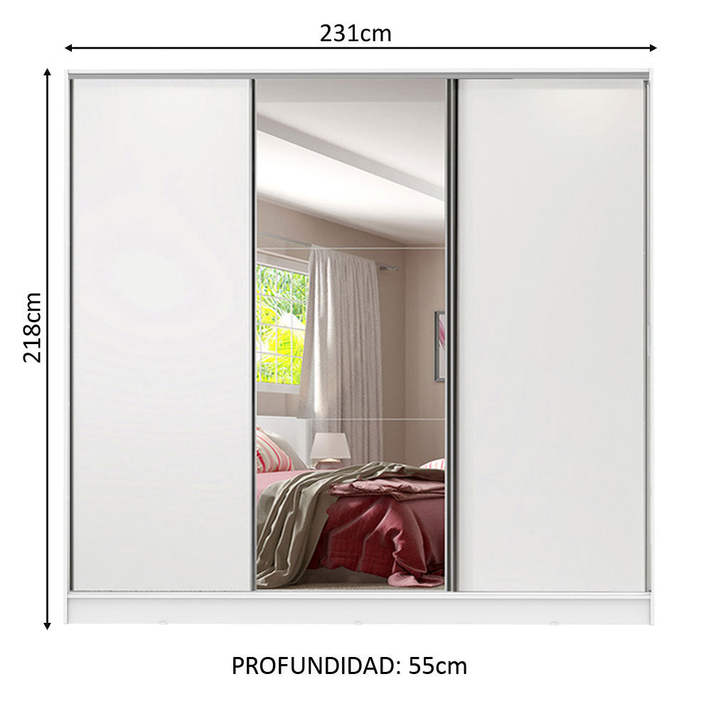 Placard Matrimonial 100% MDF con Espejo Royale 3 Puertas Corredizas Blanco