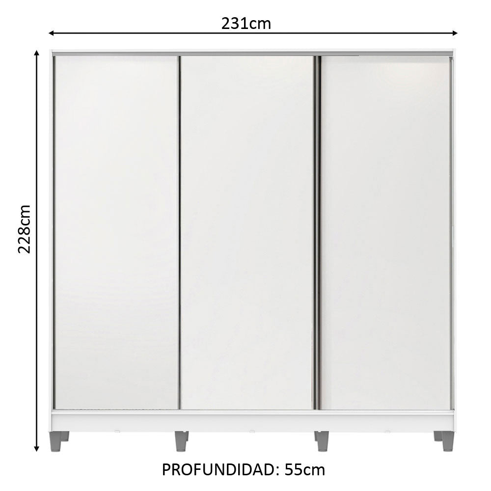 Placard Matrimonial 100% MDF Royale 3 Puertas Corredizas con Patas Blanco