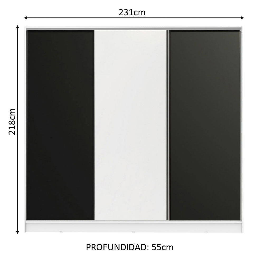 Placard Matrimonial 100% MDF Royale 3 Puertas Corredizas Blanco/Negro/Blanco