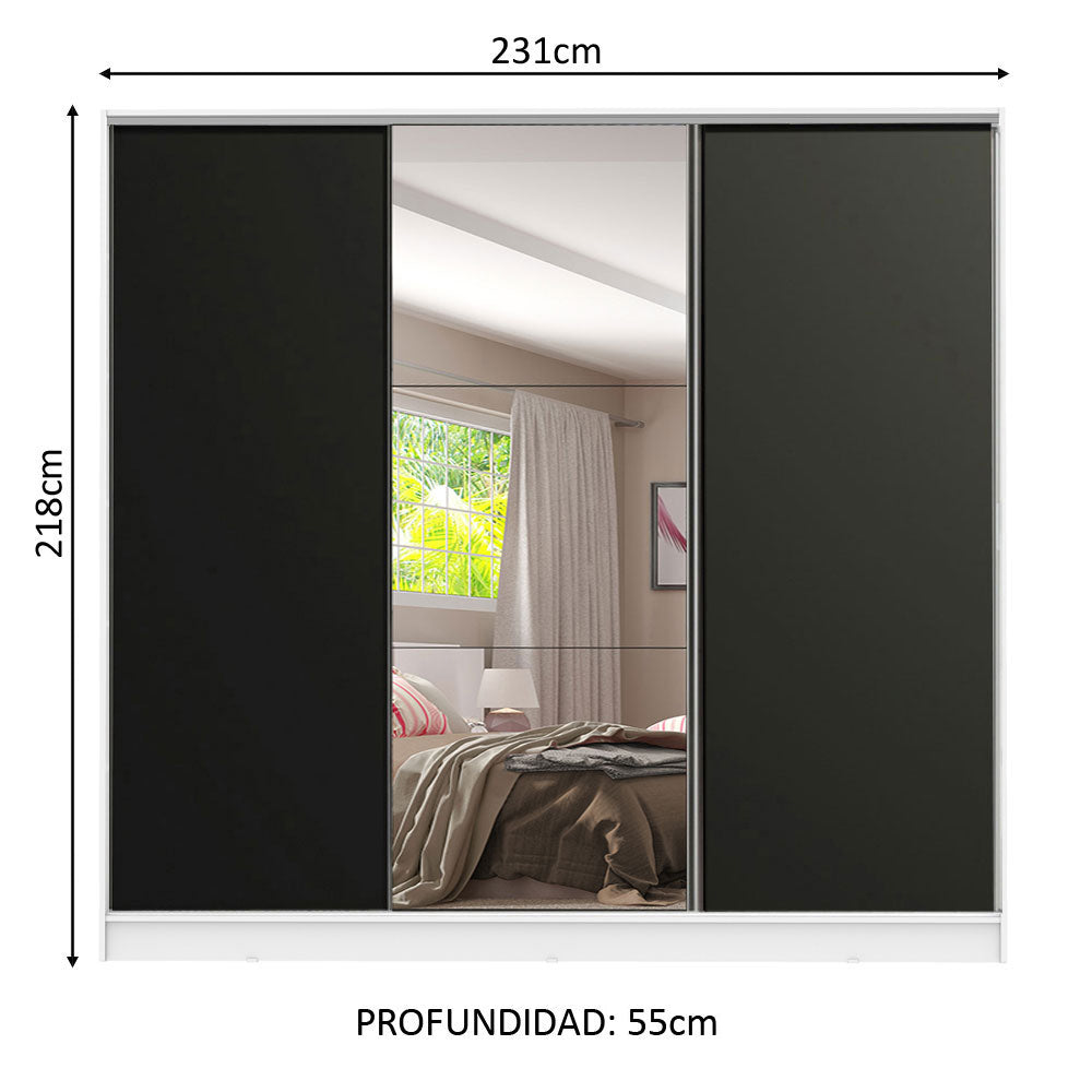 Placard Matrimonial 100% MDF Royale 3 Puertas Corredizas con Espejo Blanco/Negro