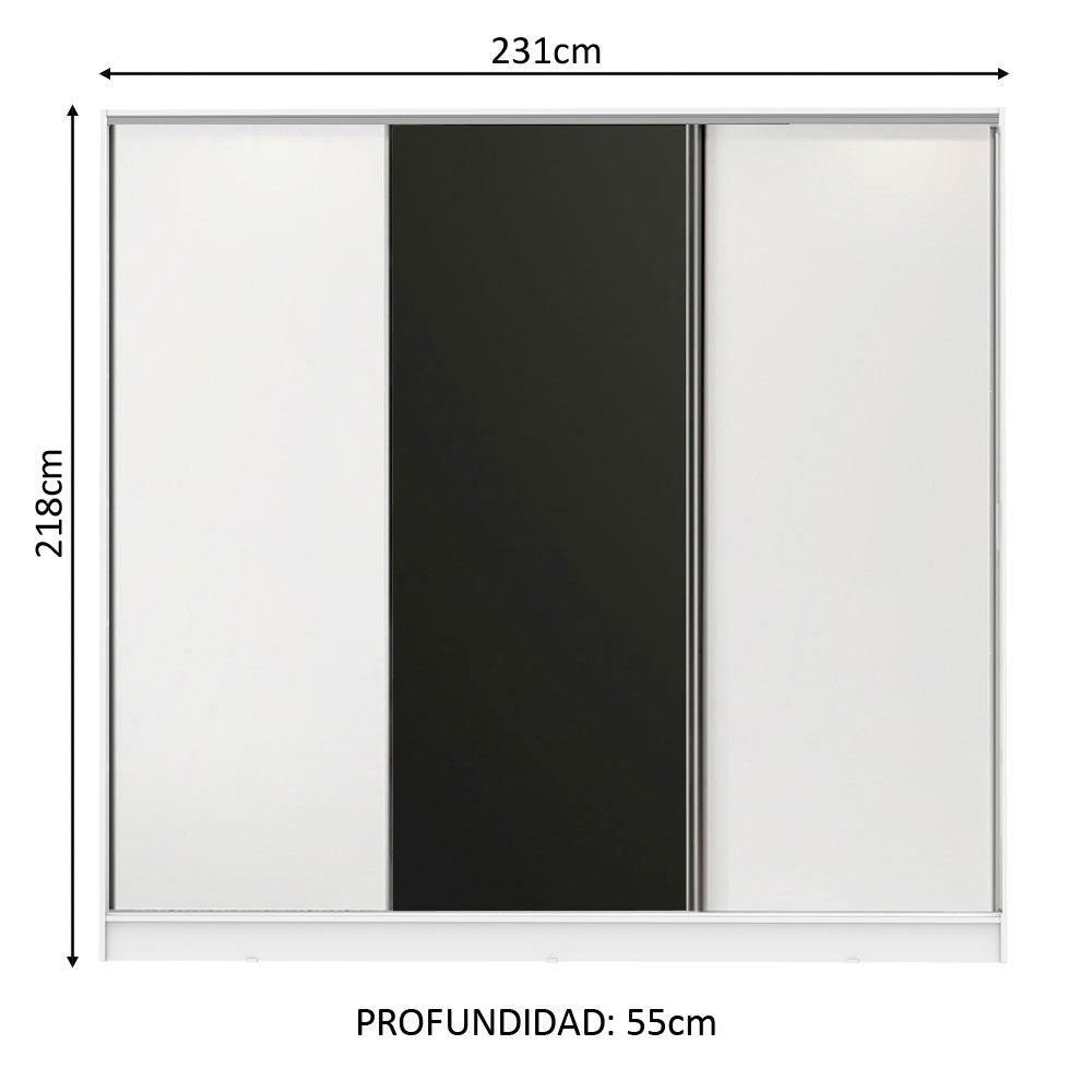 Placard Matrimonial 100% MDF Royale 3 Puertas Corredizas Blanco/Blanco/Negro