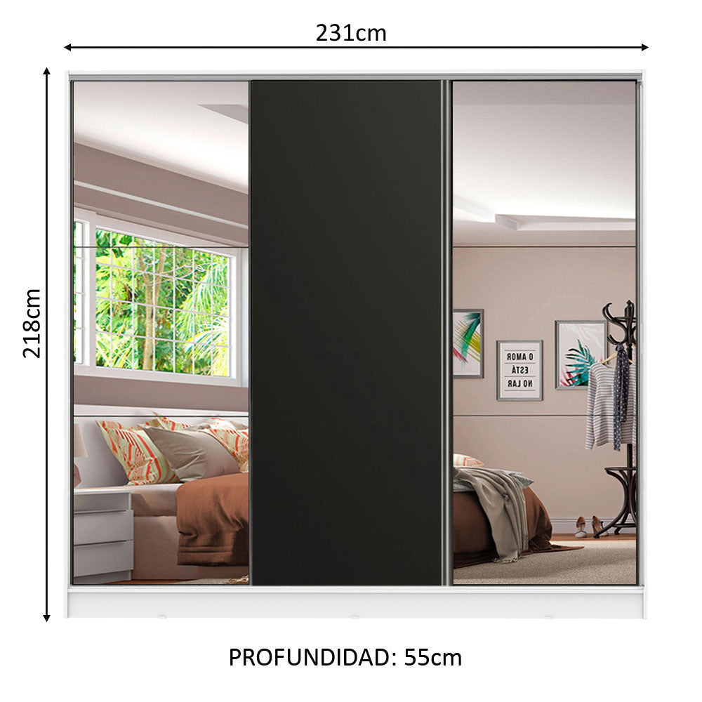 Placard Matrimonial 100% MDF Royale 3 Puertas Corredizas con Espejos Blanco/Negro