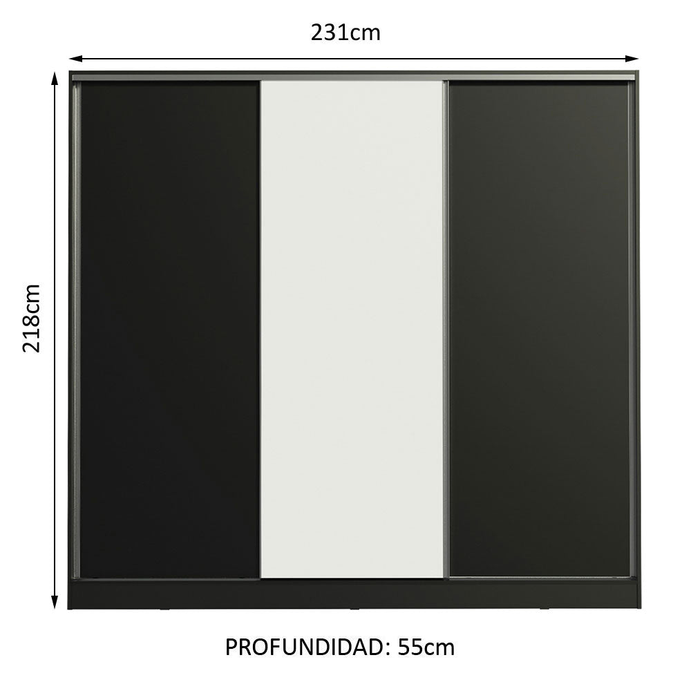 Placard Matrimonial 100% MDF Royale 3 Puertas Corredizas Negro/Negro/Blanco