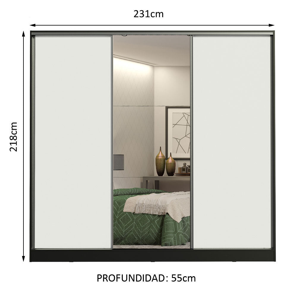 Placard Matrimonial 100% MDF Royale 3 Puertas Corredizas con Espejo Negro/Blanco