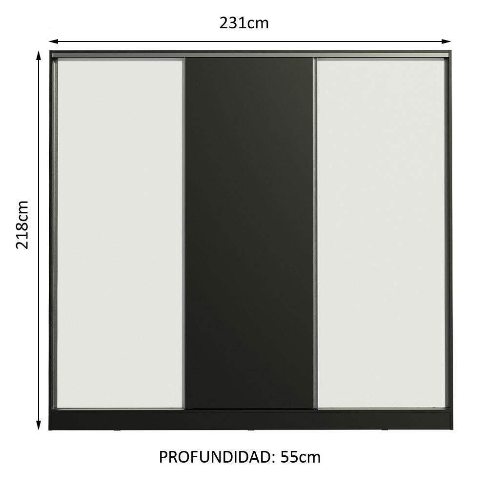 Placard Matrimonial 100% MDF Royale 3 Puertas Corredizas Negro/Blanco/Negro