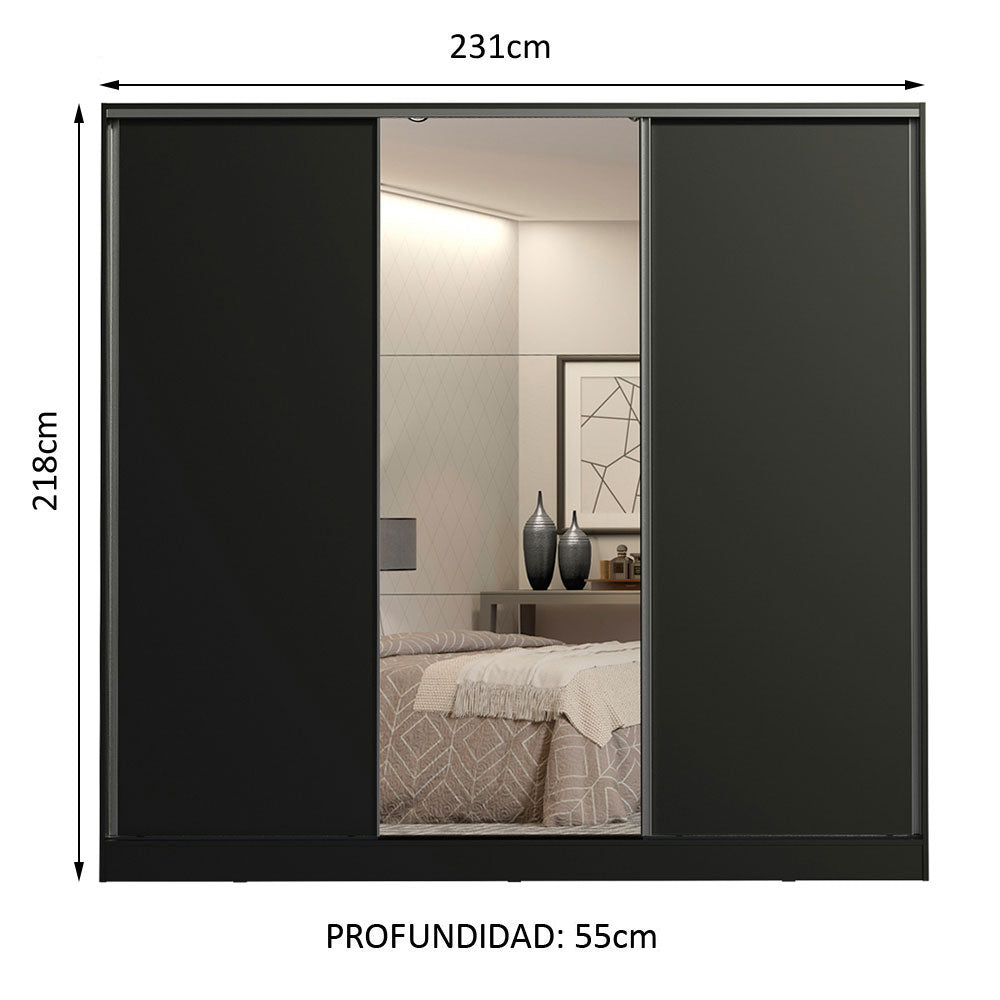 Placard Matrimonial 100% MDF Royale 3 Puertas Corredizas con Espejo Negro