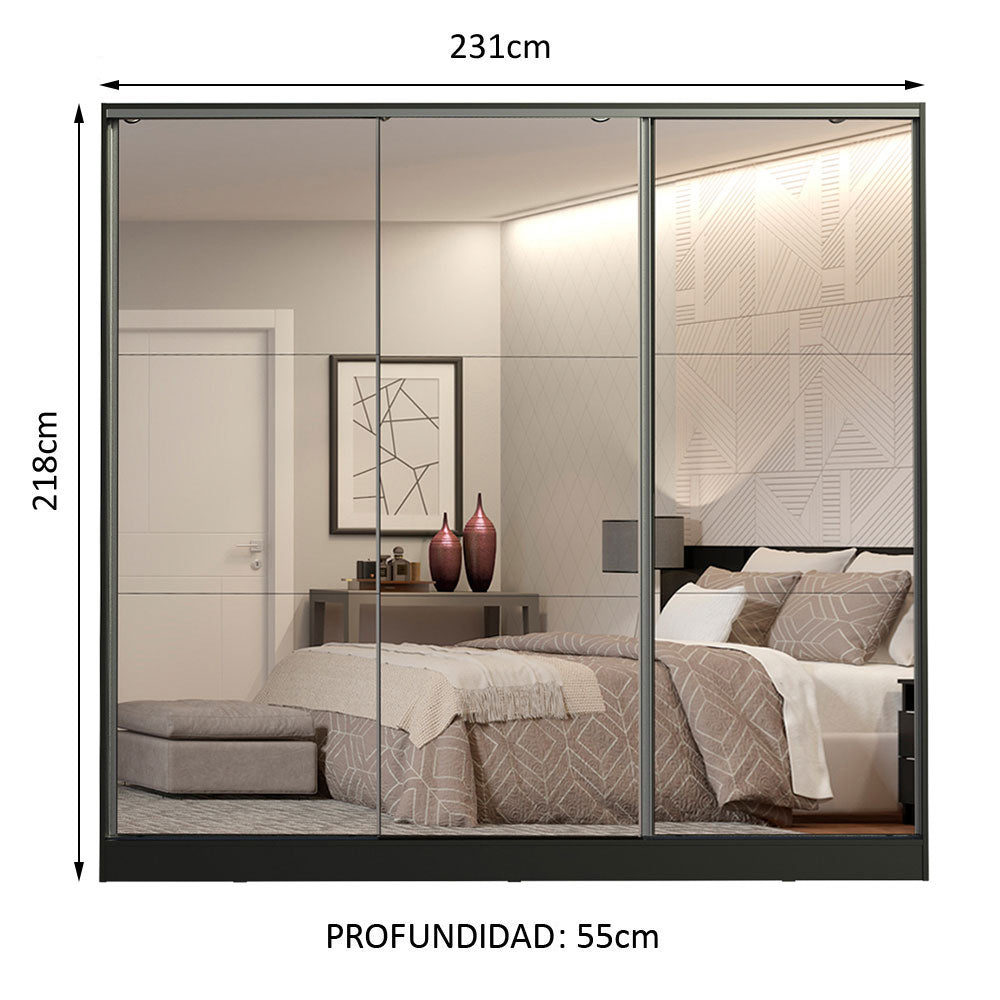 Placard Matrimonial 100% MDF Royale 3 Puertas Corredizas de Espejo Negro