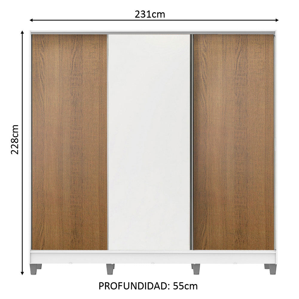 Placard Matrimonial 100% MDF Royale 3 Puertas Corredizas con Patas Blanco/Marrón/Blanco